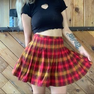 Handmade Red & Orange Plaid Pleated Mini Skirt